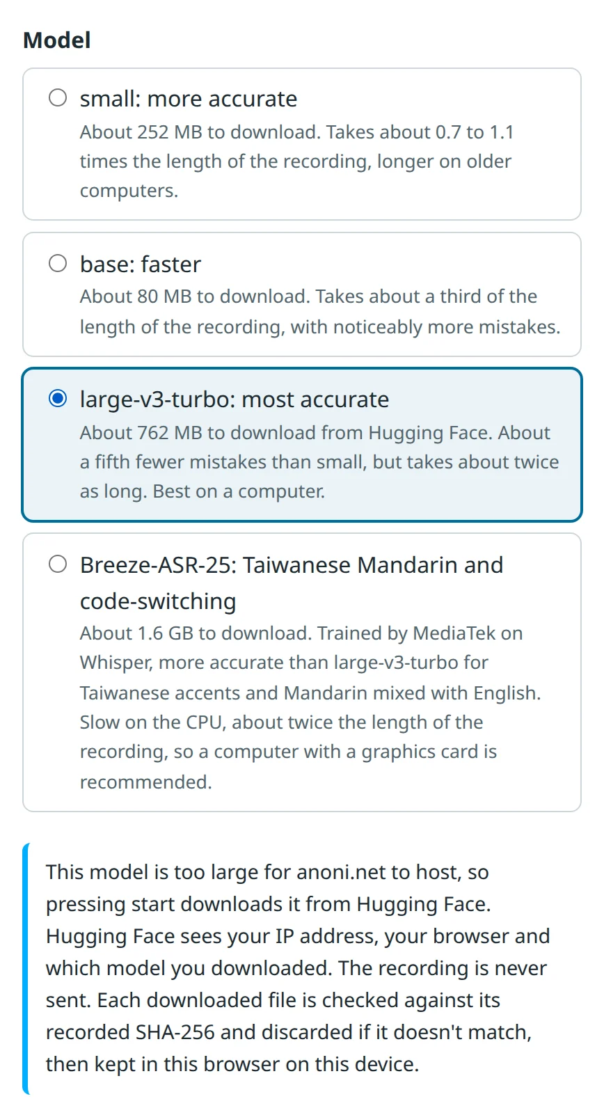 The transcript model picker with large-v3-turbo selected. A note below explains that the model downloads from Hugging Face, that Hugging Face sees the IP address, browser and model downloaded, and that the recording is never sent
