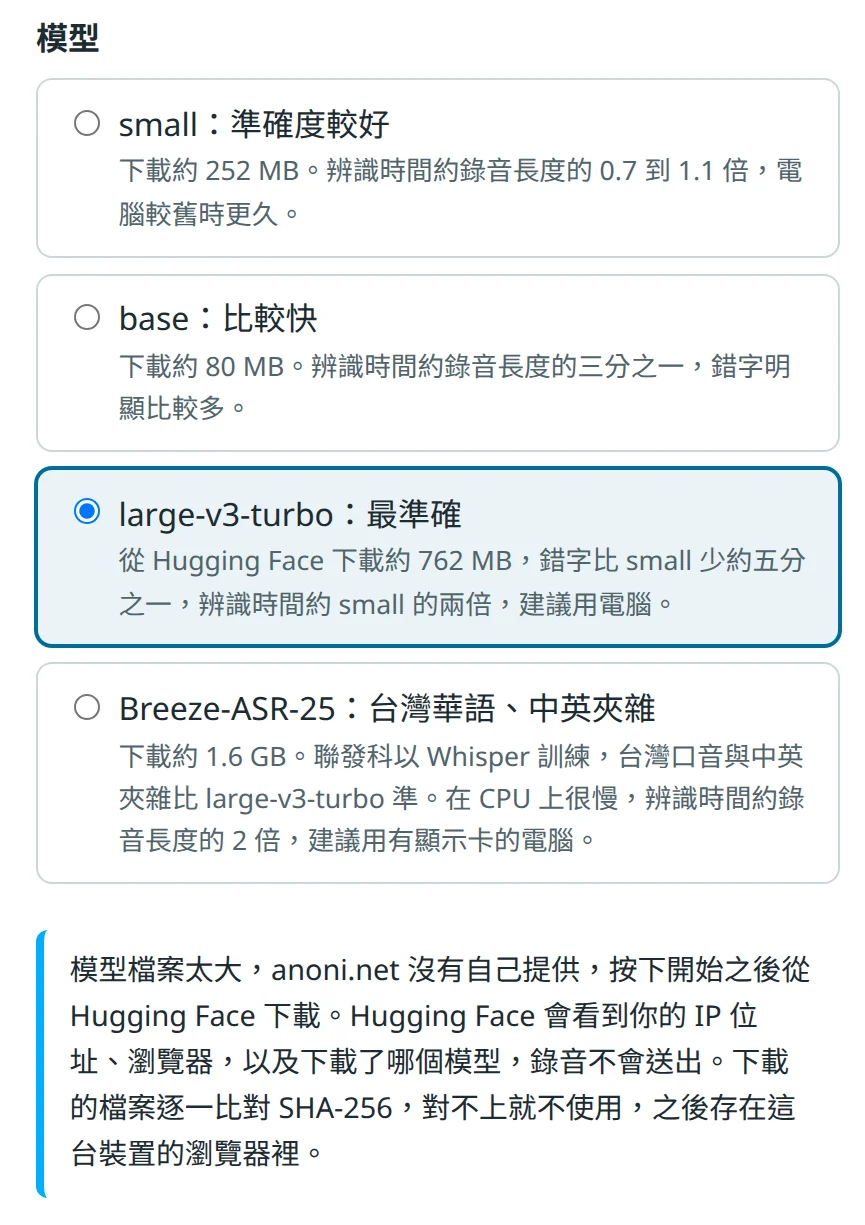 逐字稿選擇模型的畫面，選了 large-v3-turbo 之後，下方說明模型從 Hugging Face 下載、Hugging Face 會看到 IP 位址、瀏覽器與下載的模型，錄音不會送出